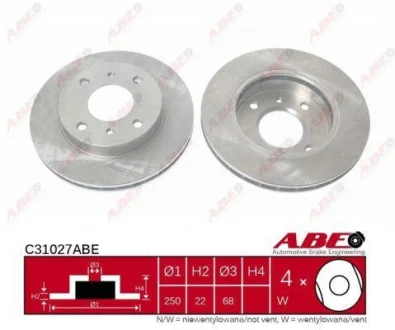 Диск гальмівний передн лів/прав NISSAN BLUEBIRD, CABSTAR, PRAIRIE 1.6-2.0D 01.82-11.92 ABE C31027ABE