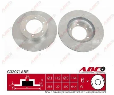Диск гальмівний передн лів/прав TOYOTA 4 RUNNER I, 4 RUNNER II, 4 RUNNER III, HIACE IV, HILUX IV, HILUX V, HILUX VI VW TARO 2.2-3.0D 01.84-10.05 ABE C32071ABE