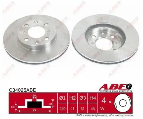 Диск гальмівний передн лів/прав HONDA CIVIC IV, CIVIC V, CIVIC VI, DOMANI, INTEGRA, JAZZ, ODYSSEY 1.2-2.3 01.88-03.14 ABE C34025ABE (фото 1)
