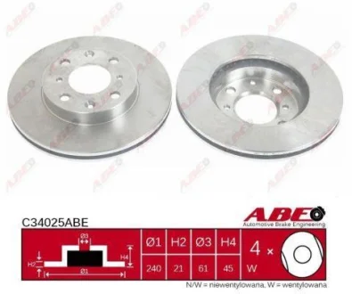 Диск гальмівний передн лів/прав HONDA CIVIC IV, CIVIC V, CIVIC VI, DOMANI, INTEGRA, JAZZ, ODYSSEY 1.2-2.3 01.88-03.14 ABE C34025ABE