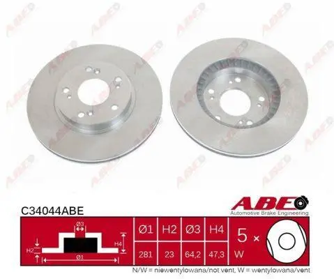 Диск гальмівний передн лів/прав HONDA ACCORD IX, ACCORD VI, ACCORD VII, ACCORD VIII, CIVIC VII, CIVIC VIII, CIVIC X, CR-V I, CR-V II, CR-Z, FR-V, STREAM 1.4-3.0 03.97- ABE C34044ABE (фото 1)