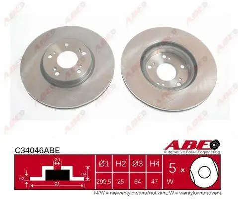 Диск гальмівний передн лів/прав ACURA RSX HONDA ACCORD VI, ACCORD VII, CIVIC VII, CIVIC VIII, CIVIC X, CR-V II, CR-Z, FR-V, INTEGRA 1.5-3.0 03.97- ABE C34046ABE (фото 1)