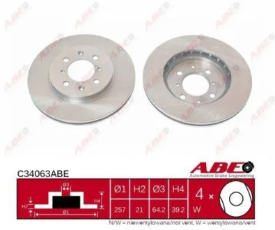 Диск гальмівний передн лів/прав HONDA CITY IV, CITY V, JAZZ II, JAZZ III 1.2-1.5 03.02-12.15 ABE C34063ABE