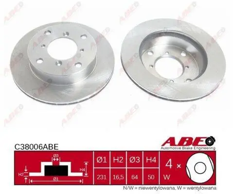 Диск гальмівний передн лів/прав SUBARU JUSTY II SUZUKI ALTO IV, ALTO V, ALTO VI, SWIFT, SWIFT II 1.0/1.1/1.3 03.89-12.08 ABE C38006ABE (фото 1)