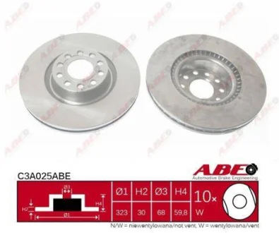 Диск гальмівний передн лів/прав AUDI A4 B5, A6 C4, A6 C5, A8 D2, A8 D3 VW PHAETON 2.5D-6.0 03.94-03.16 ABE C3A025ABE