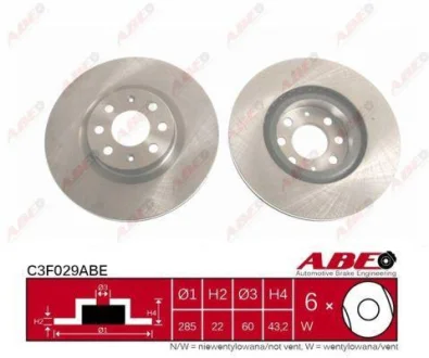 Диск гальмівний передн лів/прав FIAT 500, 500 C, DOBLO, GRANDE PUNTO, PUNTO, PUNTO EVO OPEL ADAM, CORSA D, CORSA E 0.9-1.9D 10.01- ABE C3F029ABE
