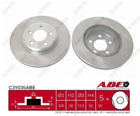 Диск гальмівний передн лів/прав (320ммx28,1мм) ABARTH PUNTO EVO CHRYSLER 300 C, 300C DODGE CHALLENGER, CHALLENGER SE, CHALLENGER SRT8, CHARGER, MAGNUM, MAGNUM II 09.04- ABE C3Y035ABE (фото 1)