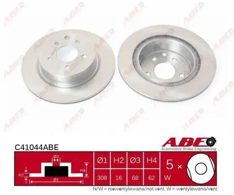 Диск гальмівний задн лів/прав INFINITI EX, FX, G, M, M35, M37, M45, Q50, Q60, Q70, QX50 I NISSAN MURANO I, MURANO II, PATHFINDER IV 2.0-4.5 01.03- ABE C41044ABE (фото 1)