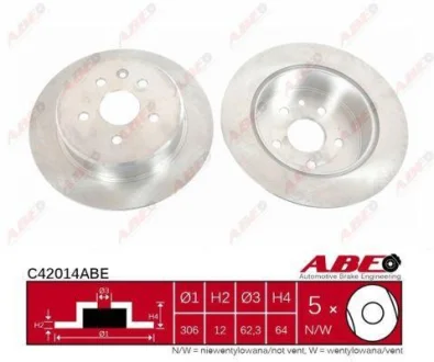 Диск гальмівний задн лів/прав LEXUS GS, IS I, IS SPORTCROSS, SC TOYOTA ALTEZZA, ALTEZZA GITA, ARISTO, CELSIOR, MARK II IX, VEROSSA 2.0-4.3 08.97-07.10 ABE C42014ABE