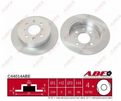 Диск гальмівний задн лів/прав ACURA INTEGRA HONDA CITY IV, CIVIC V, CIVIC VI, CRX III, INTEGRA, JAZZ, JAZZ II, JAZZ III, LEGEND IV 1.2-3.7 01.85-12.15 ABE C44014ABE