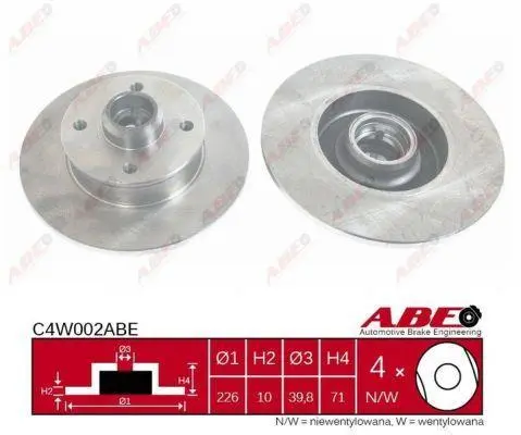 Диск гальмівний задн лів/прав SEAT CORDOBA, CORDOBA VARIO, IBIZA II, IBIZA IV, IBIZA IV SC, LEON, TOLEDO I VW CORRADO, GOLF II, GOLF III, GOLF IV, JETTA II, PARATI III, PASSAT B2 1.0-2.2 01.81- ABE C4W002ABE (фото 1)