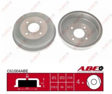 Гальмівний барабан задн NISSAN BLUEBIRD, CEDRIC, LAUREL, PRAIRIE, PRAIRIE PRO, PRIMERA, VANETTE 1.2-2.8D 01.80-12.01 ABE C61004ABE