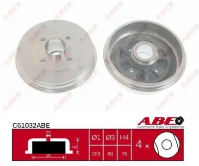 Гальмівний барабан задн NISSAN KUBISTAR, TIIDA RENAULT KANGOO, KANGOO EXPRESS, MEGANE I, SCENIC I 1.0-1.9D 08.97- ABE C61032ABE