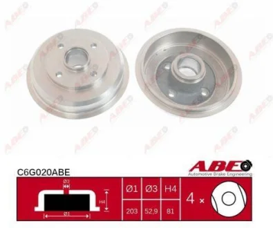Гальмівний барабан задн FORD FOCUS I SSANGYONG ACTYON I, ACTYON SPORTS I 1.4-2.3 08.98- ABE C6G020ABE