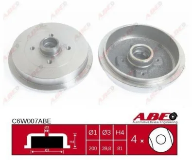 Гальмівний барабан задн AUDI 80 B1 SEAT AROSA, CORDOBA, CORDOBA VARIO, IBIZA II, TOLEDO I SKODA FAVORIT, FAVORIT FORMAN, FELICIA CUBE, FELICIA I, FELICIA II VW CADDY II, GOLF III 0.8-2.1 09.75- ABE C6W007ABE