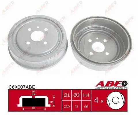 Гальмівний барабан задн CHEVROLET CORSA OPEL ASTRA F, ASTRA F CLASSIC, ASTRA G, ASTRA G CLASSIC, ASTRA H, COMBO, COMBO TOUR, CORSA C, MERIVA A, VECTRA B, ZAFIRA A SEAT IBIZA IV SC 1.2-2.2 09.91- ABE C6X007ABE (фото 1)