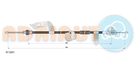 Трос стояночного гальма задн лів (1485мм/1486мм) CITROEN C1 PEUGEOT 107 TOYOTA AYGO 1.0/1.4D 06.05-09.14 ADRIAUTO 07.0281