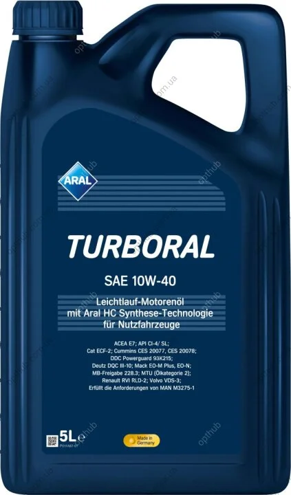 Масло моторное Turboral 10W-40 5л TURBORAL 10W-40 4X5L ARAL 10W40 TU 5L (фото 1)