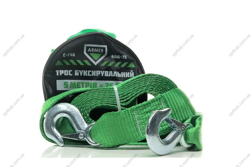 Трос буксировочный 7т. лента 5м. С крюк, зеленый ARMER ARM-75 (фото 1)