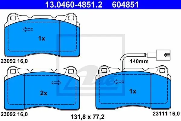 Комплект гальмівних колодок передн, ALFA ROMEO 159, GIULIETTA MASERATI GHIBLI III 1.6D-3.2 06.05- ATE 13.0460-4851.2 (фото 1)