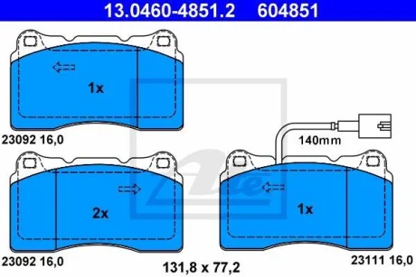 Комплект гальмівних колодок передн, ALFA ROMEO 159, GIULIETTA MASERATI GHIBLI III 1.6D-3.2 06.05- ATE 13.0460-4851.2