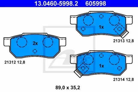Комплект гальмівних колодок задн, FORD MAVERICK HONDA ACCORD III, CITY IV, CIVIC III, CIVIC IV, CIVIC V, CIVIC VI, CONCERTO, CRX II, CRX III, JAZZ II, PRELUDE III MG ZR 1.1-2.7D 10.84-10.08 ATE 13.0460-5998.2