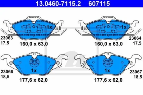 Комплект гальмівних колодок передн, OPEL ASTRA G, ASTRA G CLASSIC, ZAFIRA A 1.2-2.0D 02.98-12.09 ATE 13.0460-7115.2