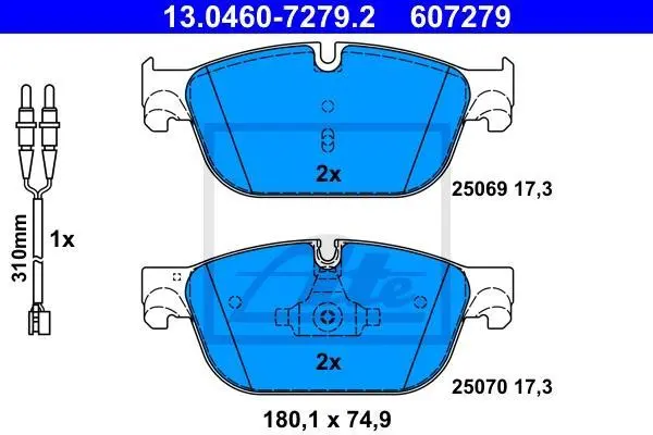 Комплект гальмівних колодок передн, DS DS 4, DS 5 CITROEN C5 III, C6, DS4, DS5 PEUGEOT 308, 308 I, 407, 508, 508 I, RCZ 1.6-3.0D 03.04- ATE 13.0460-7279.2 (фото 1)