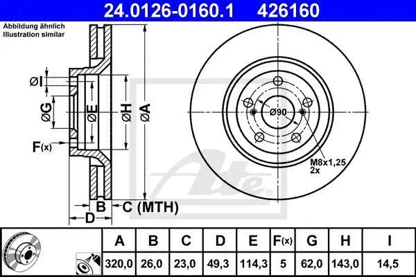 Диск гальмівний передн лів/прав TOYOTA AVENSIS, VERSO 2.0D/2.2D 11.08-10.18 ATE 24.0126-0160.1 (фото 1)
