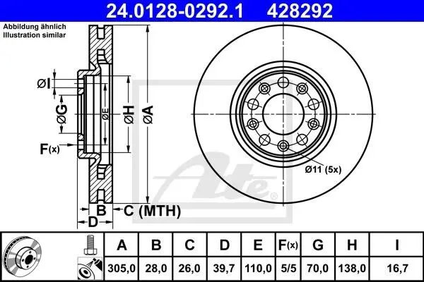Диск гальмівний передн лів/прав ALFA ROMEO 159, GIULIETTA, TONALE FIAT 500X JEEP COMPASS, RENEGADE 1.0-2.4 09.05- ATE 24.0128-0292.1 (фото 1)