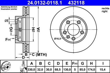 Диск гальмівний ПЕРЕДН ПРАВЫЙ PORSCHE CAYENNE 09.2002-,VW TOUAREG 03.2005- -ua ATE 24-0132-0118-1-02
