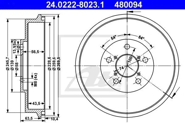 Гальмівний барабан задн SUBARU IMPREZA, LEGACY II 1.5-2.2 08.92-06.09 ATE 24.0222-8023.1 (фото 1)