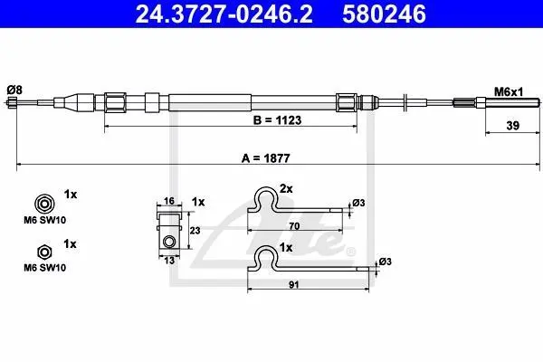 Трос стояночного гальма задн прав (1877мм) BMW 5 (E39) 2.0-4.9 09.95-05.04 ATE 24.3727-0246.2 (фото 1)