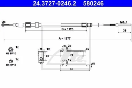 Трос стояночного гальма задн прав (1877мм) BMW 5 (E39) 2.0-4.9 09.95-05.04 ATE 24.3727-0246.2