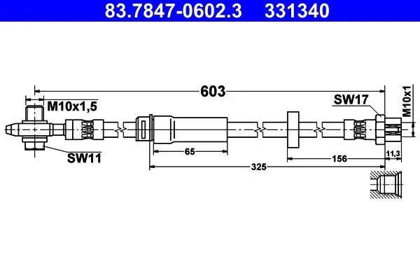 Гальмівний шланг гнучкий передн лів/прав (довжина 603мм, M10x1 1,5) VW CC B7, PASSAT ALLTRACK B7, PASSAT B6, PASSAT B7 1.4-3.6 03.05-12.20 ATE 83.7847-0602.3 (фото 1)