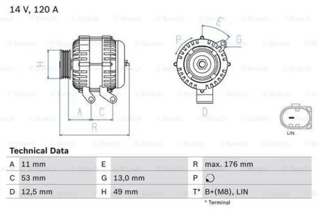 Генератор (14В, 120А, відновлений) FORD B-MAX, C-MAX II, ECOSPORT, FIESTA, FIESTA VI, FOCUS III, GRAND C-MAX, KA+ III, KUGA II, MONDEO IV, TOURNEO CONNECT V408 NADWOZIE WIELKO 1.0-2.0D 03.07- BOSCH 0986082220