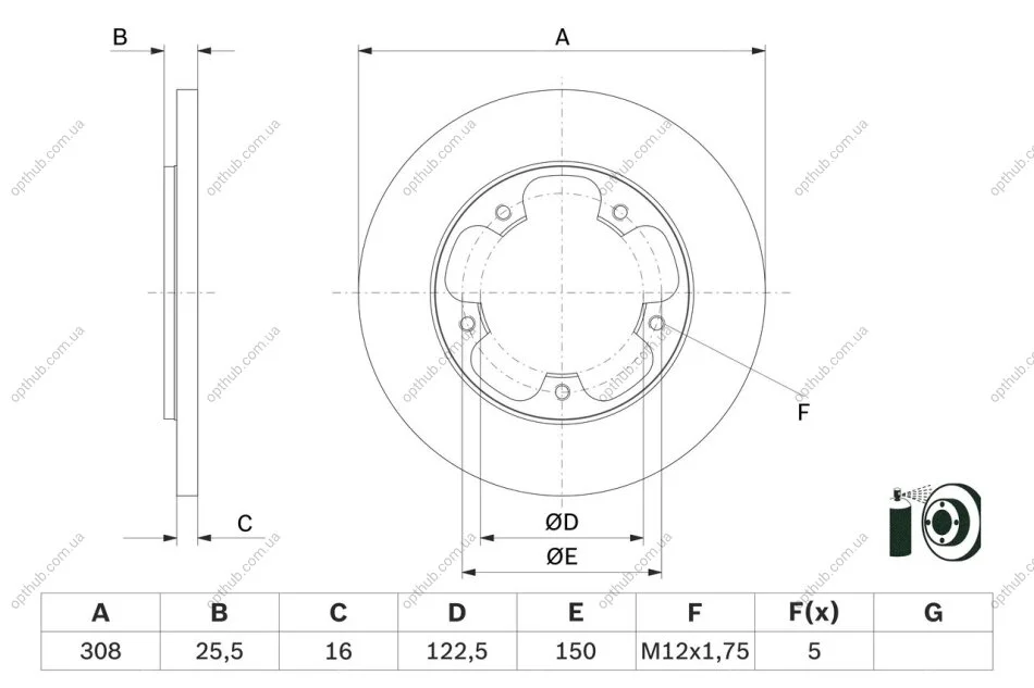 Диск гальмівний ЗАДН FORD TRANSIT WITH SINGLE TYRES 0 986 479 F44-ua BOSCH 0986479F44 (фото 1)