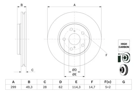 Диск гальмівний ПЕРЕДН TOYOTA C-HR (X1) 10/16-,TOYOTA COROLLA ESTATE (E21) 02/19-,TOYOTA COROLLA 0 986 479 F49-ua BOSCH 0986479F49
