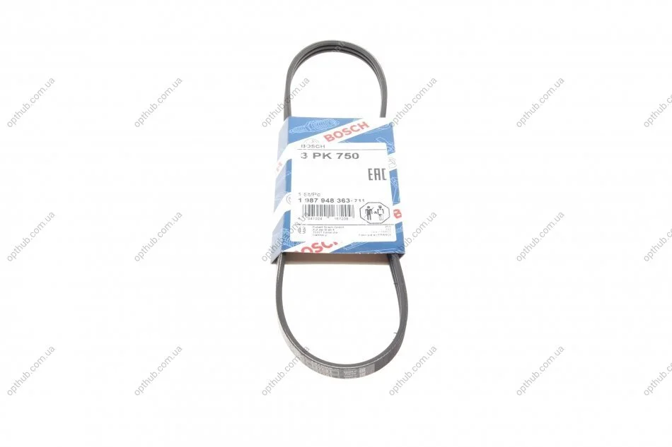 Ремінь генератора Renault Kangoo/Clio II 1.2 01-/Dacia Logan/Sandero 1.2 16V 06- (3PK750) UA63 BOSCH 1 987 948 363 (фото 1)