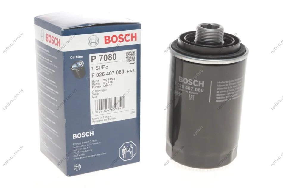 Фільтр масляний двигуна AUDI A3, A4, A5 (вир-во Bosch) F026407080 BOSCH F 026 407 080 (фото 1)