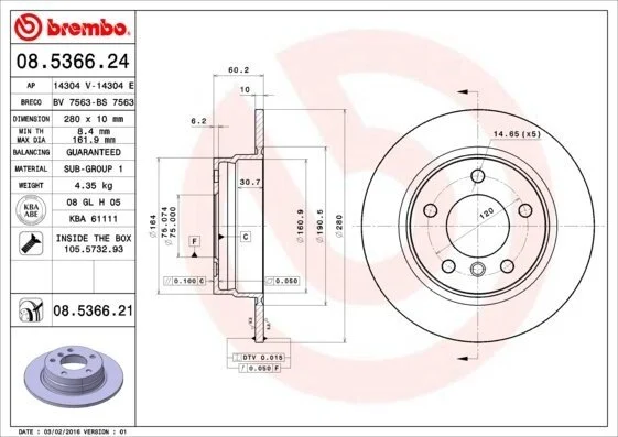 Гальмівний диск BREMBO 08.5366.21 (фото 1)