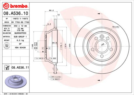 Диск гальмівний ЗАДН VOLVO S80(II) 08-,V70(III) 07-,XC70(II) 07- -ua BREMBO 08.A536.11