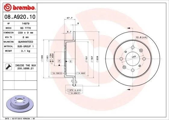 Гальмівний диск BREMBO 08.A920.10 (фото 1)