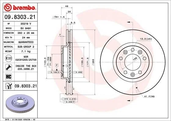 Гальмівний диск BREMBO 09.8303.21 (фото 1)