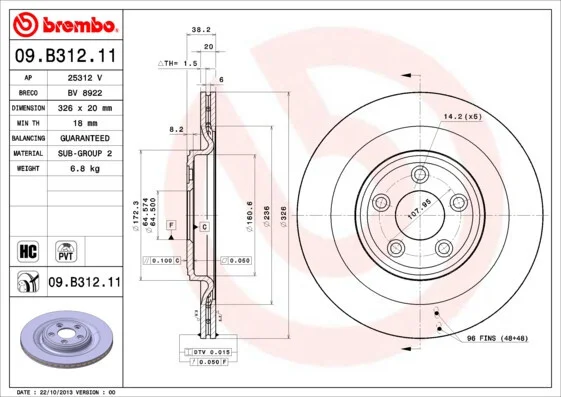 ДИСК тормозной задней JAGUAR S-TYPE 06-,XF,XK06- BREMBO 09.B312.11 (фото 1)