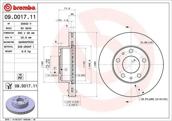 Тормозной диск BREMBO 09.D017.11 (фото 1)