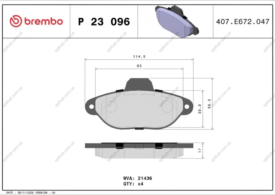 Колодки тормозные дисковые ПЕРЕДН,55.5Х114.8Х17FIAT PANDA 09.2003- P23096 BREMBO P23 096 (фото 1)