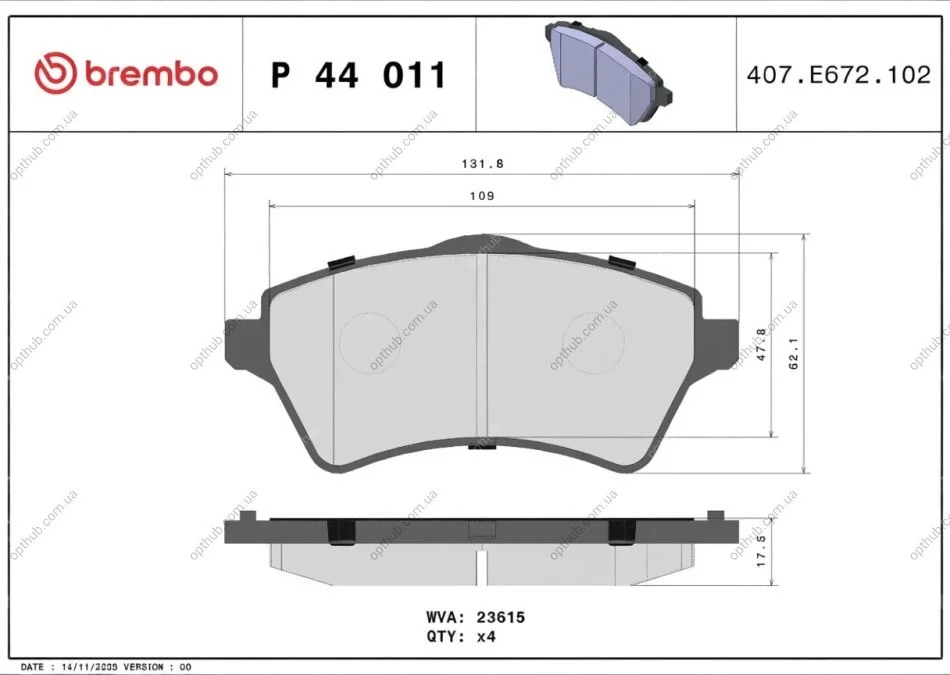 Колодки гальмівні дискові ПЕРЕДН LAND ROVER FREELANDER 02.1998- P44011-ua BREMBO P44 011 (фото 1)