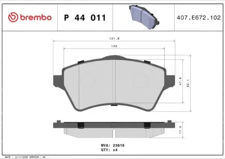 Колодки гальмівні дискові ПЕРЕДН LAND ROVER FREELANDER 02.1998- P44011-ua BREMBO P44 011