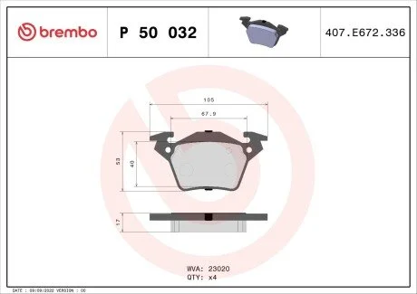 Тормозные колодки дисковые BREMBO P50 032